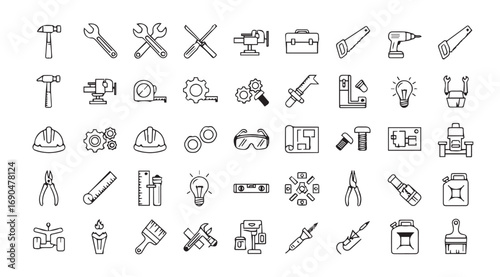 Collection of hand drawn silhouettes of various tools and objects silhouette