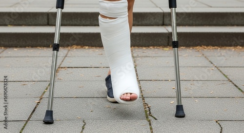 Injured Person with Leg in Cast Walking Using Crutches on Sidewalk