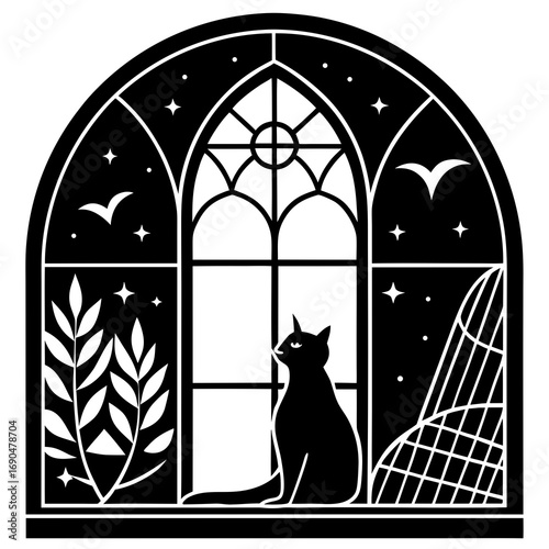 Black feline silhouette sits on a moonlit window sill with a tree and bats visible against the night sky, a perfect Halloween illustration