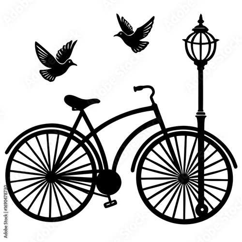 Black vintage bicycle silhouette with wheels and chain isolated on white background