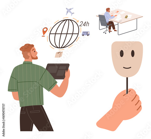 Man with tablet alongside global logistics icons, professional at desk with paperwork, hand holding mask. Ideal for business strategy, globalization, remote work, shipping, identity, multitasking