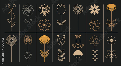 A collection of delicate floral illustrations in a minimalist aesthetic featuring various bloom designs and botanical elements on a dark background