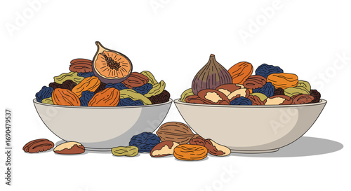 Two bowls filled with dried fruits and nuts creating a healthy snack assortment