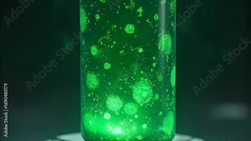 Glowing Green Liquid Bubble Formation in Test Tube with Scientific Lighting