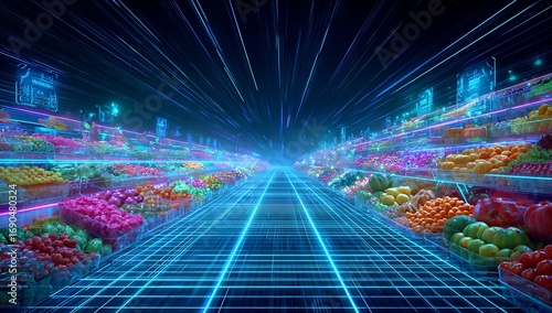 Vibrant digital supermarket aisle with glowing produce