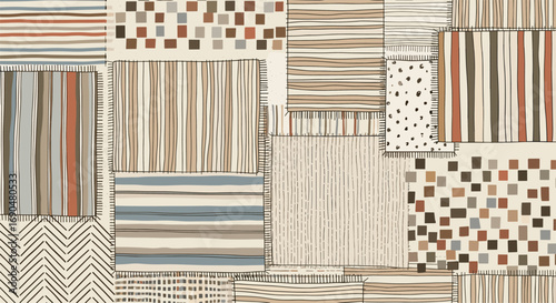Abstract patchwork mosaic pattern with natural earth tone colors and varied textures representing organic materials