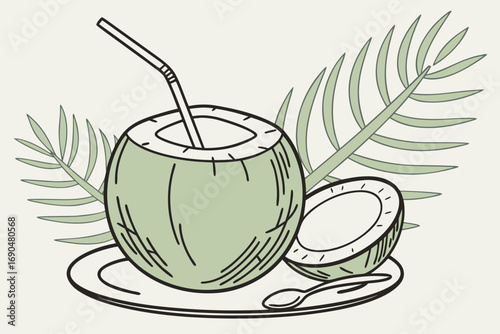 Flat vector illustration of fresh green coconut drink with palm leaves