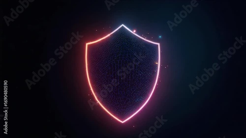 Digital Shield Icon Glowing Neon Outline Floating Against Dark Background