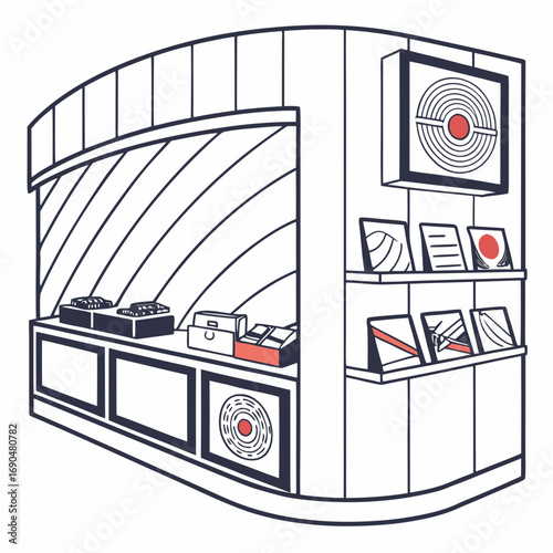 Vector art of a delightful illustration captures a unique record store booth, showcasing an array of vinyl records and eyecatching artwork, the booth radiates an artistic vibe