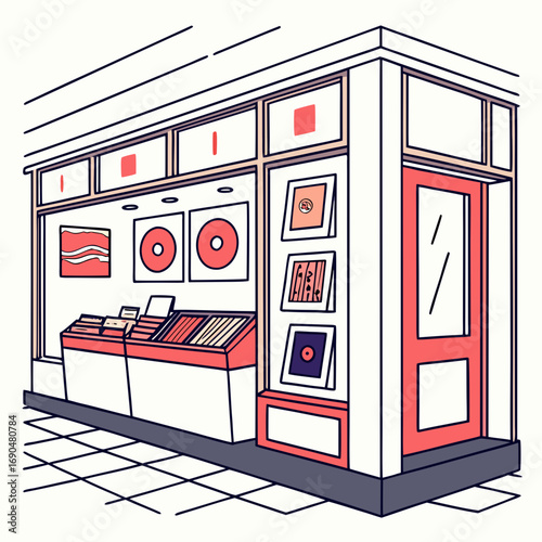 Vector art of a charming vinyl record store with a delightful display of music albums, creating a nostalgic atmosphere for music lovers and collectors