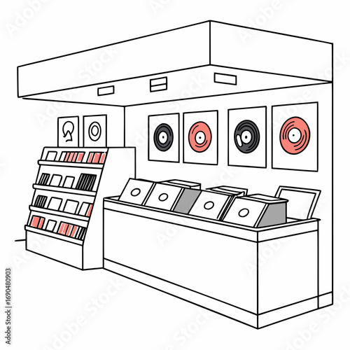 Vector art of a vibrant vinyl record store interior, , showcasing a curated selection of music albums and vintage records, inviting music lovers to explore and discover new sounds