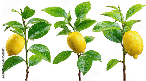 Three Ripe Lemons with Dew Drops on Green Leaves Against Black Background