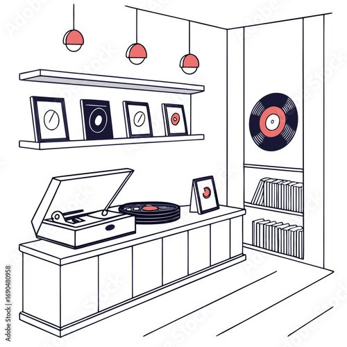 Illustration of a stylish music room, featuring a record player, vinyl records, and a curated collection of albums, creating a harmonious space