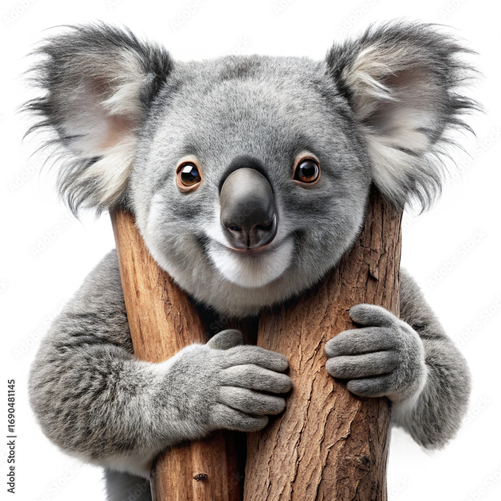 Fototapeta premium Happy koala embracing tree trunk, isolated on transparent background