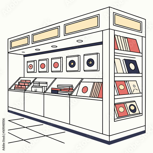 Illustration of a colorful record store display with vinyl records and album covers depicts a vintage music shop and retro culture