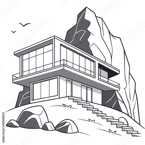 Vector art of a modern house illustration nestled on a hillside, , with a mountain backdrop the scene evokes a sense of luxury, tranquility, and architectural design