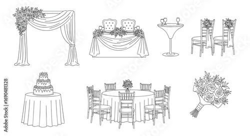 A collection of wedding celebration decorations and floral arrangements for memorable ceremonies and receptions