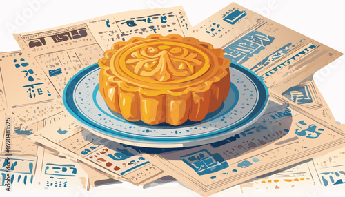 Vector mooncake with intricate design and yolk filling, placed on porcelain to express heritage and unity.
