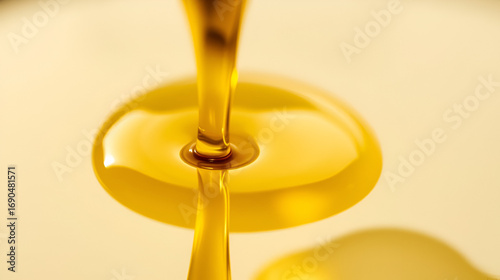 this close up captures the continuous anointing oil flow of a thick golden oil onto a smooth reflective surface emphasizing its texture and rich color