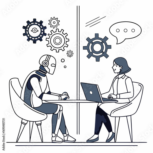 Vector art of a robot and a human have a discussion at a table, with gears and a speech bubble symbolizing their interaction and problemsolving