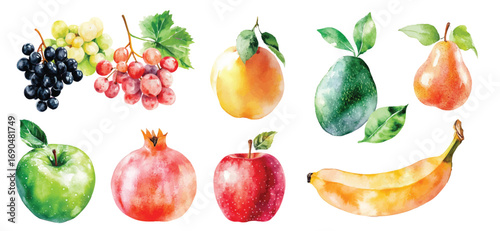 watercolor tropical fruits slice apple, peach, banana, mango, avocado, grape, pomegranate with green leaves illustration fruits clip art