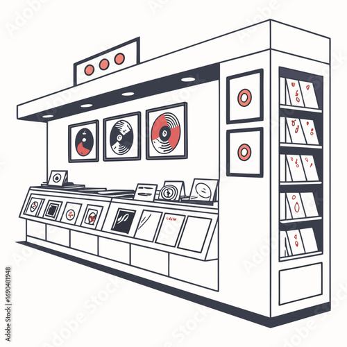 Illustration of a large record store display with vinyl records and framed album covers, creating a retro and musical atmosphere the design is clean