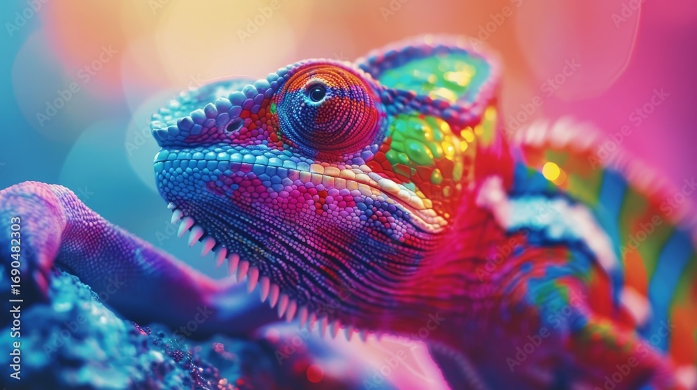 Obraz premium Chameleon camouflaging perfectly against a vibrant and colorful background environment