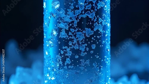 Closeup of Bubbles Rising in Illuminated Blue Liquid in Slow Motion
