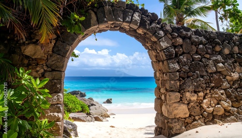 Stone archway frames a vibrant turquoise sea and sandy beach. Lush foliage borders the stone structure, creating a serene, tropical scene under a sunny sky