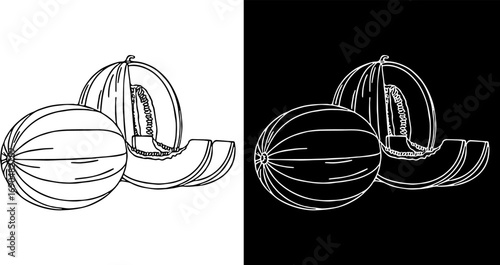 Minimalist vector line art of a whole melon and a sliced wedge with rind and seeds, in black and white, isolated on a white and black background