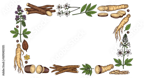 A whimsical border composed of various medicinal plants and roots showcasing natural healing properties and herbal remedies