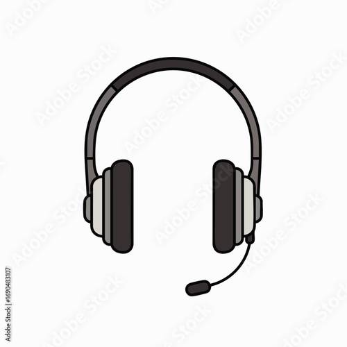 This modern flat illustration depicts a stylish headset featuring over-ear headphones and an integrated microphone, perfect for communication, gaming, or customer service.