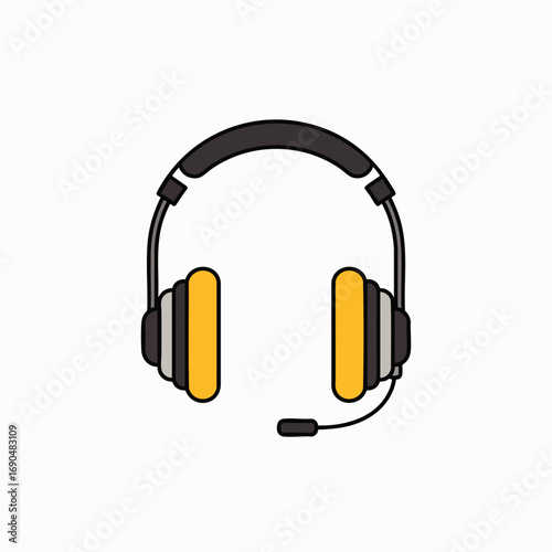A modern flat design illustration showcases black and yellow over-ear headphones equipped with a microphone, symbolizing communication, gaming, and audio technology.