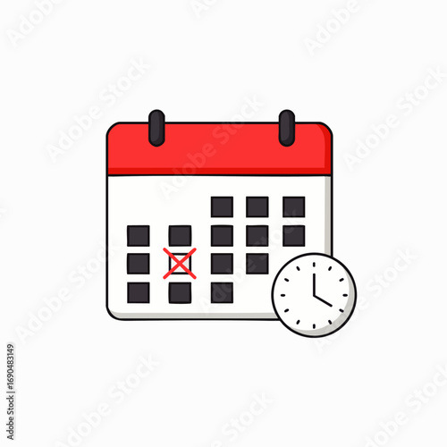 Modern vector illustration of a desk calendar showing a crossed-out date alongside a classic analog clock, signifying event scheduling and time tracking.