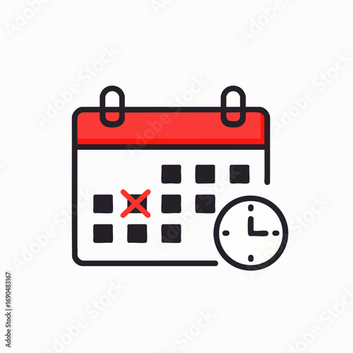 This clean graphic depicts a calendar with a red 'X' on a date and an adjacent clock, effectively symbolizing critical deadlines, event cancellations, and time management.