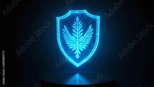 Digital Neon Shield Display with Leaf Emblem Illuminated in Dark Environment