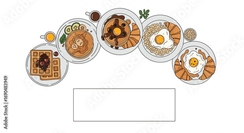 A delicious collection of diverse asian dishes presented in a beautiful arc on a white background with decorative elements