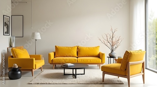 Inviting living room showcasing a stylish yellow sofa and armchairs for a modern home design concept