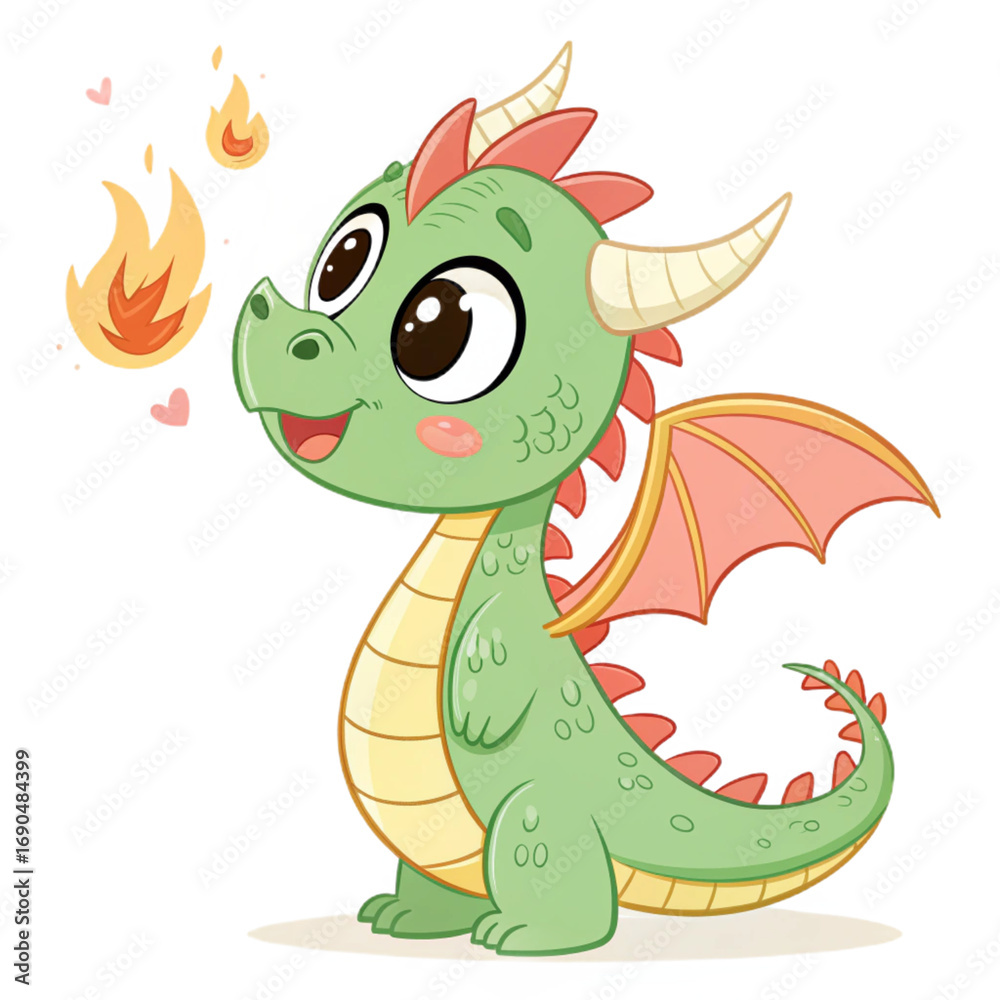 Obraz premium Cute cartoon baby dragon breathing small fire on transparent background for kids party invitations, fantasy illustrations, stickers and educational projects