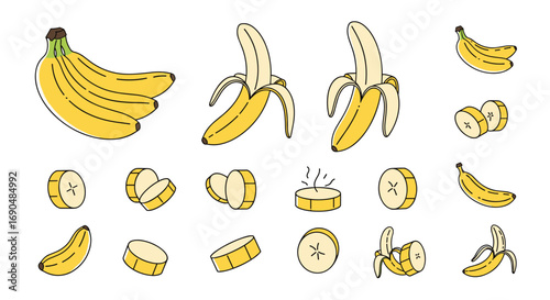 Collection of fresh tropical yellow bananas showing different stages of peeling and slicing for healthy eating and recipes