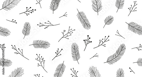 Whimsical hand drawn delicate feathers and twigs scattered on a white background abstract pattern