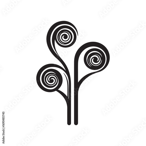 Black Silhouette of Fern Fronds with Spiraled Tips on White