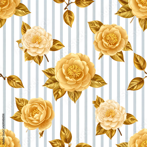 Golden Roses: A mesmerizing, high-angle shot of floral blooms, adorned with delicate golden hues against the backdrop of a striped design