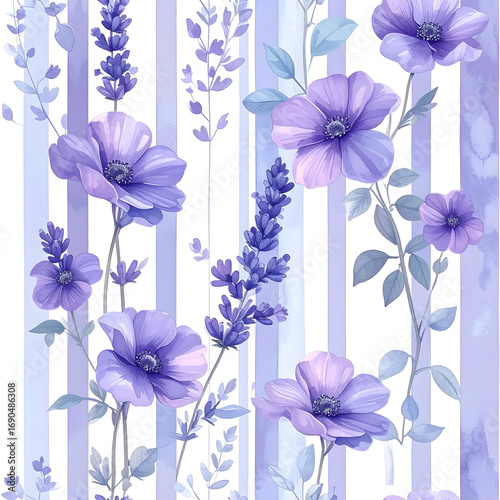 Floral Elegance: A delicate watercolor pattern of lavender sprigs and purple blooms. This artistic piece captures a seamless floral design for fabric printing.