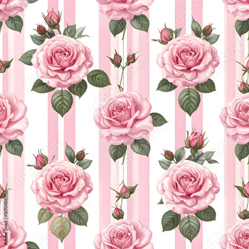 Rose Pattern: A romantic and delicate pattern featuring elegant pink roses with lush green leaves, arranged against a backdrop of gentle pink and white stripes.