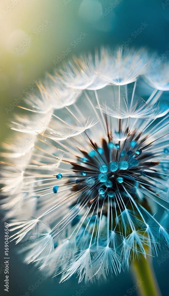 Obraz premium Detailed dandelion seeds with blue droplets