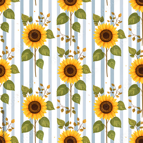Sunflower's Delight: A vibrant and cheerful seamless pattern of sunflowers graces the scene, radiating warmth and joy on a backdrop of elegant striped. 