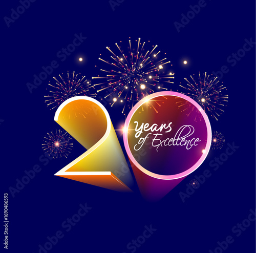 20 years of excellence 3d logo design for anniversary, annual day and birth celebration background concept.