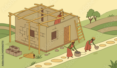 A high-detail vector or semi-realistic illustration of a rural Pakistani construction site: villagers working together to pour concrete (lanter) on the roof of a newly built brick house. Wooden scaffo