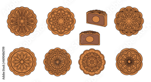 Collection of detailed rudraksha seed illustrations showcasing various mukhis and facets with cross-sectional views